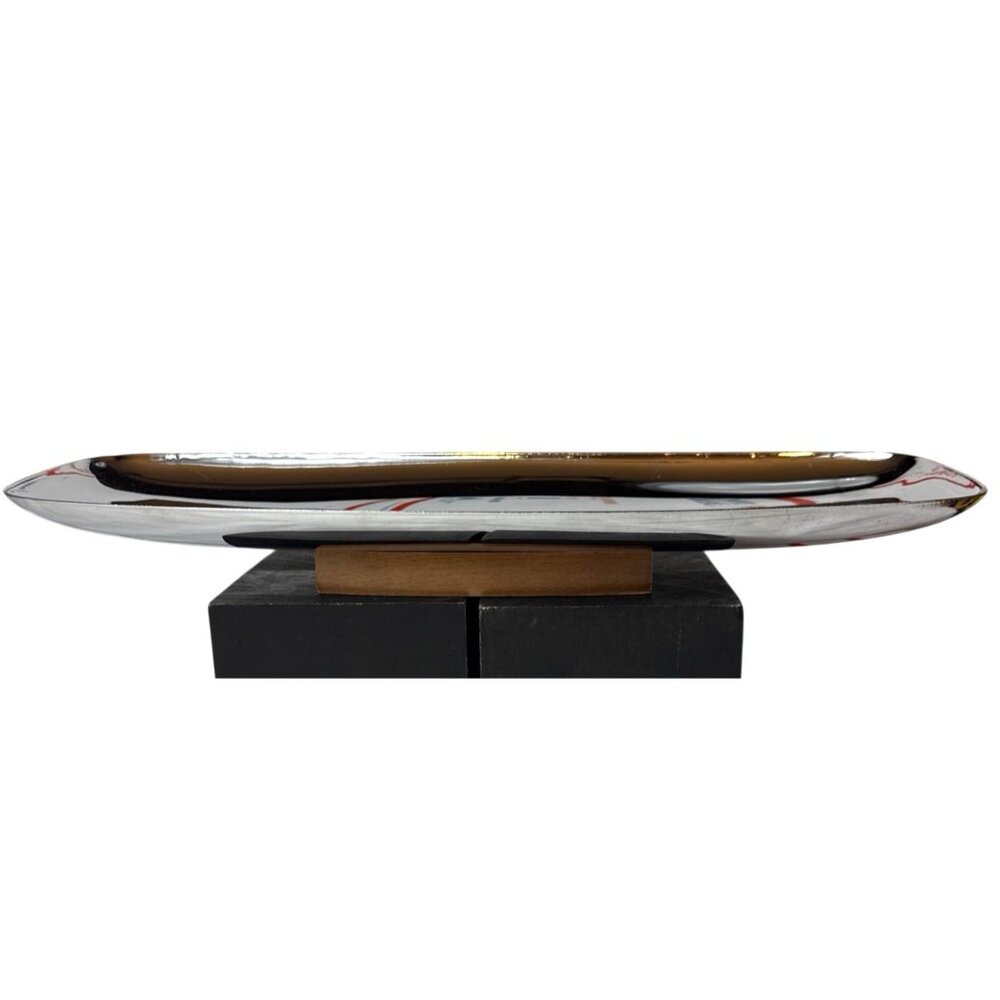 Milbern Creations Chrome Serving Tray Oblong Wood Base Danish Modern Made in USA